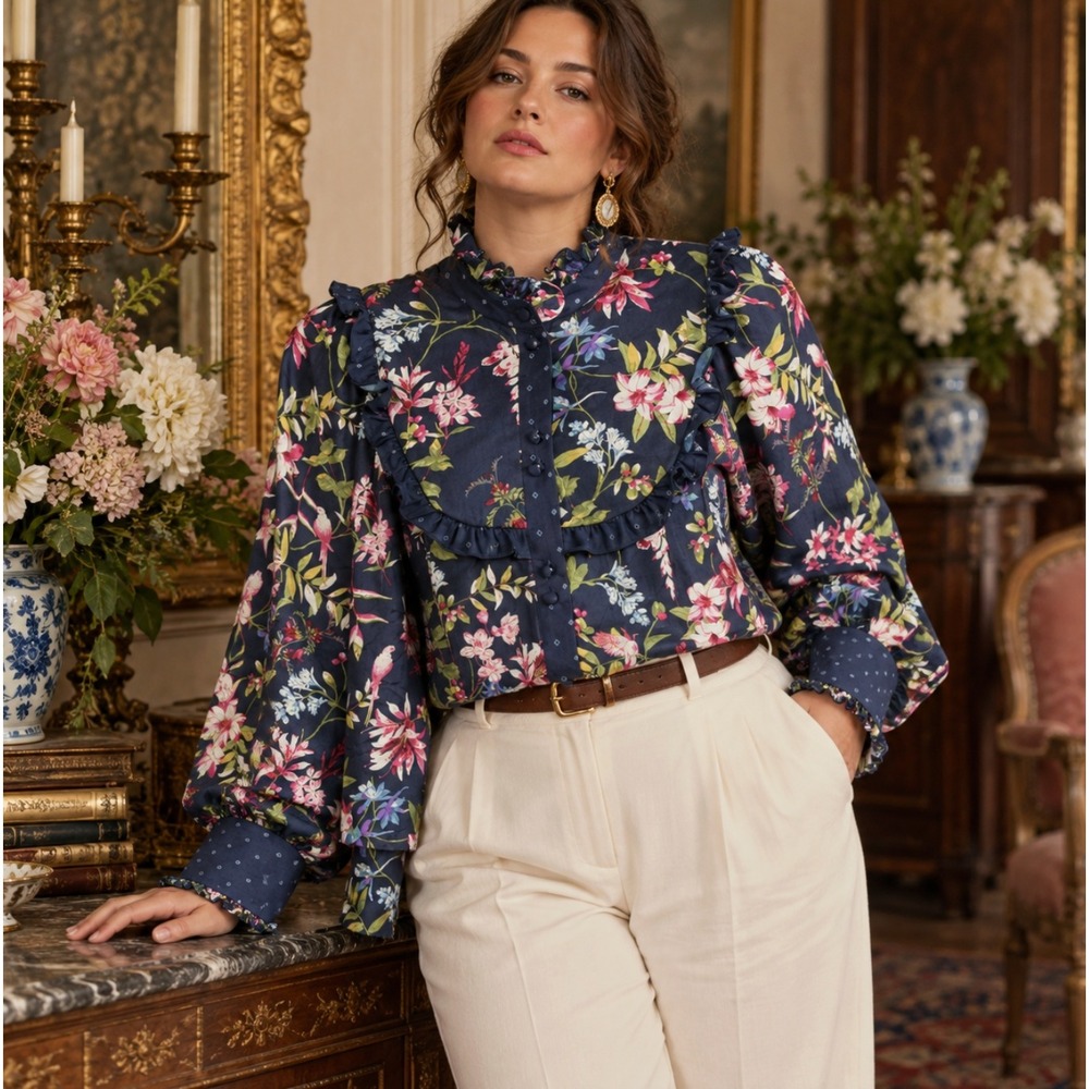 Biltmore 2X Blouse Ruffle Collar Yoke Floral Bird Maximalist Satin Regency